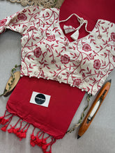 Red  Handloom Cotton Saree With Embrodery Work Redy Made Blouse
